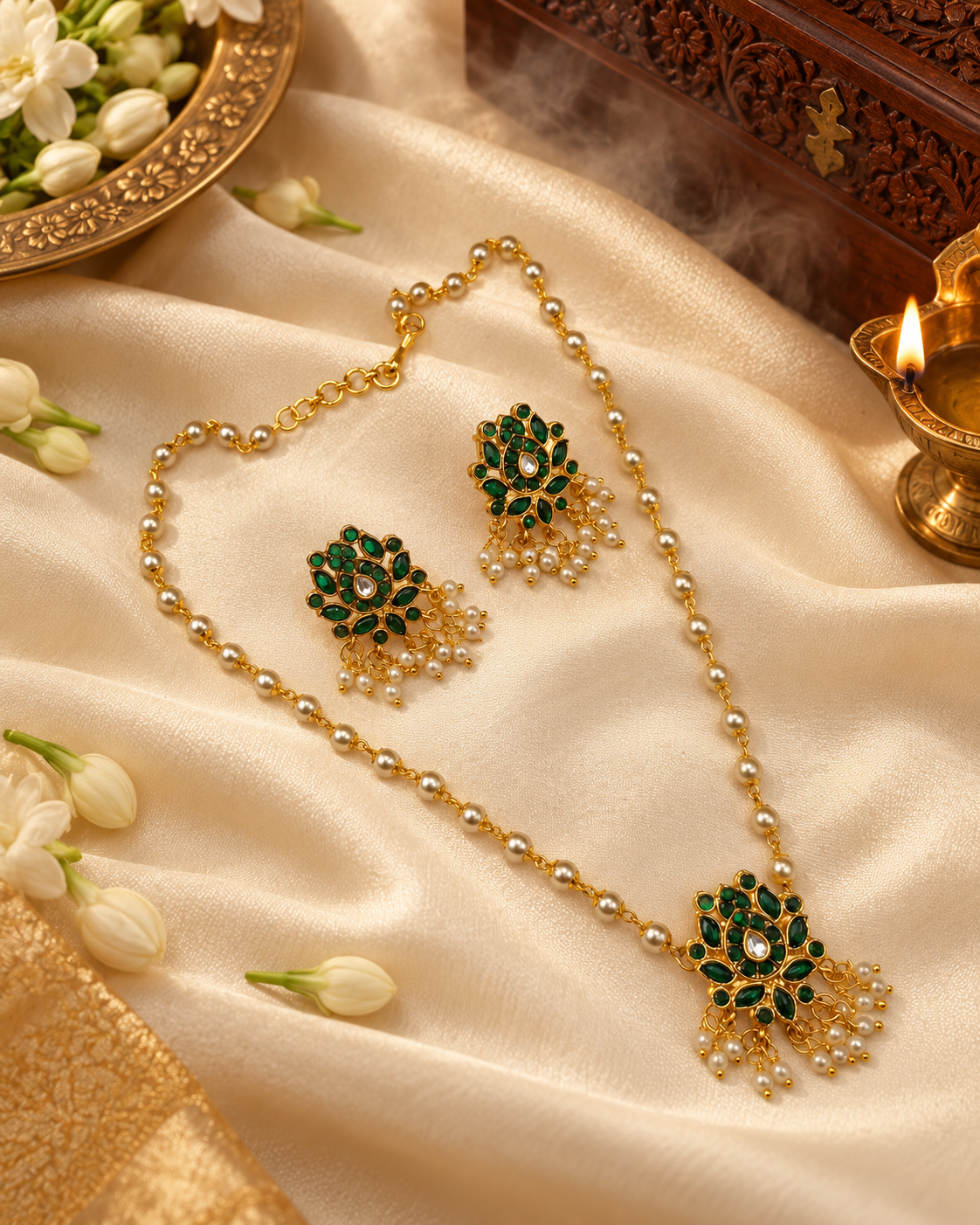 FLORAL STONE PENDANT & PEARL CHAIN JEWELRY SET DESCRIPTION